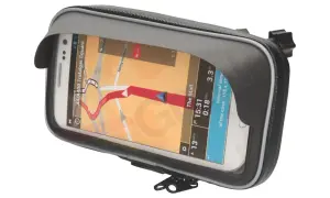 Telefon z nawigacją GPS w wodoodpornym etui na kierownicę motocykla.