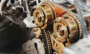 Mechanizm rozrządu DOHC z widocznym łańcuchem, a nie paskiem. Złote koła zębate i metalowy łańcuch.
