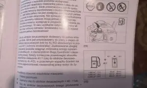 Ilustracja przedstawia schemat mieszania paliwa i oleju do silnika dwusuwowego, z ikonami i tabelą proporcji.