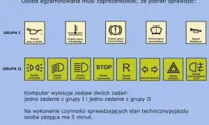 Na egzaminie na prawo jazdy sprawdzisz m.in. poziom płynów, światła i sygnał dźwiękowy. Komputer losuje zadania z grupy I i II.