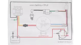Schemat modułu zapłonowego 4t: regulator napięcia, cewka, świeca, akumulator 12V i punkt wyzwolenia iskry.