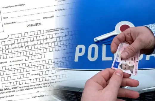 Wniosek o wydanie dokumentu, na którym widnieje prawo jazdy kat. A. W tle radiowóz policyjny i lizak.
