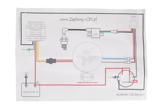 Schemat modułu zapłonowego 4t: regulator napięcia, cewka, świeca, akumulator 12V i punkt wyzwolenia iskry.