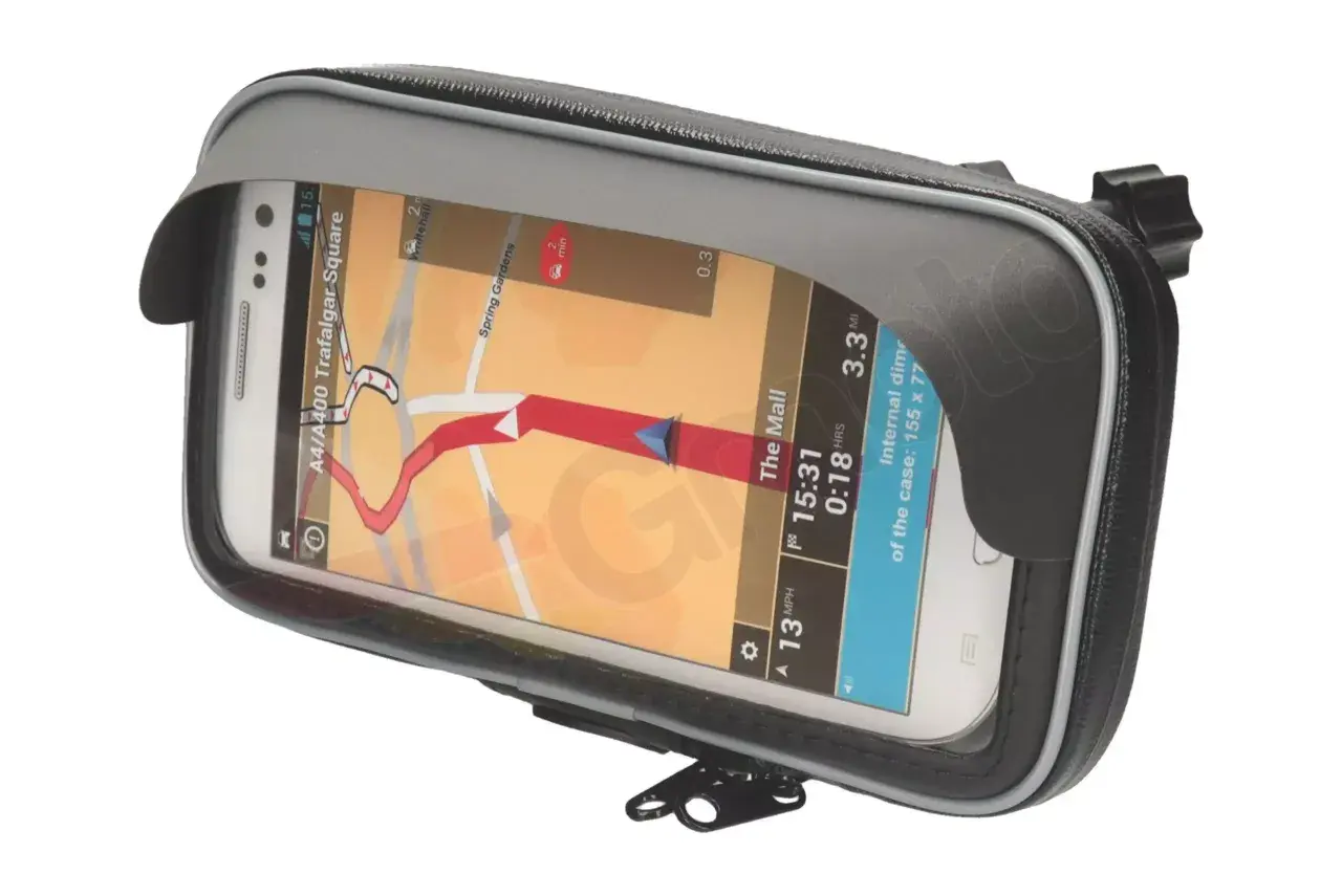 Telefon z nawigacją GPS w wodoodpornym etui na kierownicę motocykla.