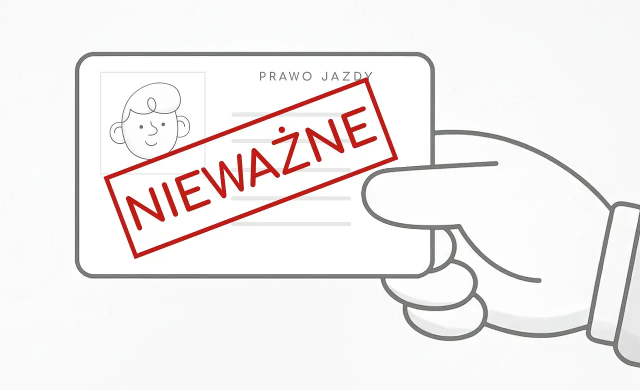 Dłoń trzyma prawo jazdy z przekreślonym napisem "NIEWAŻNE".