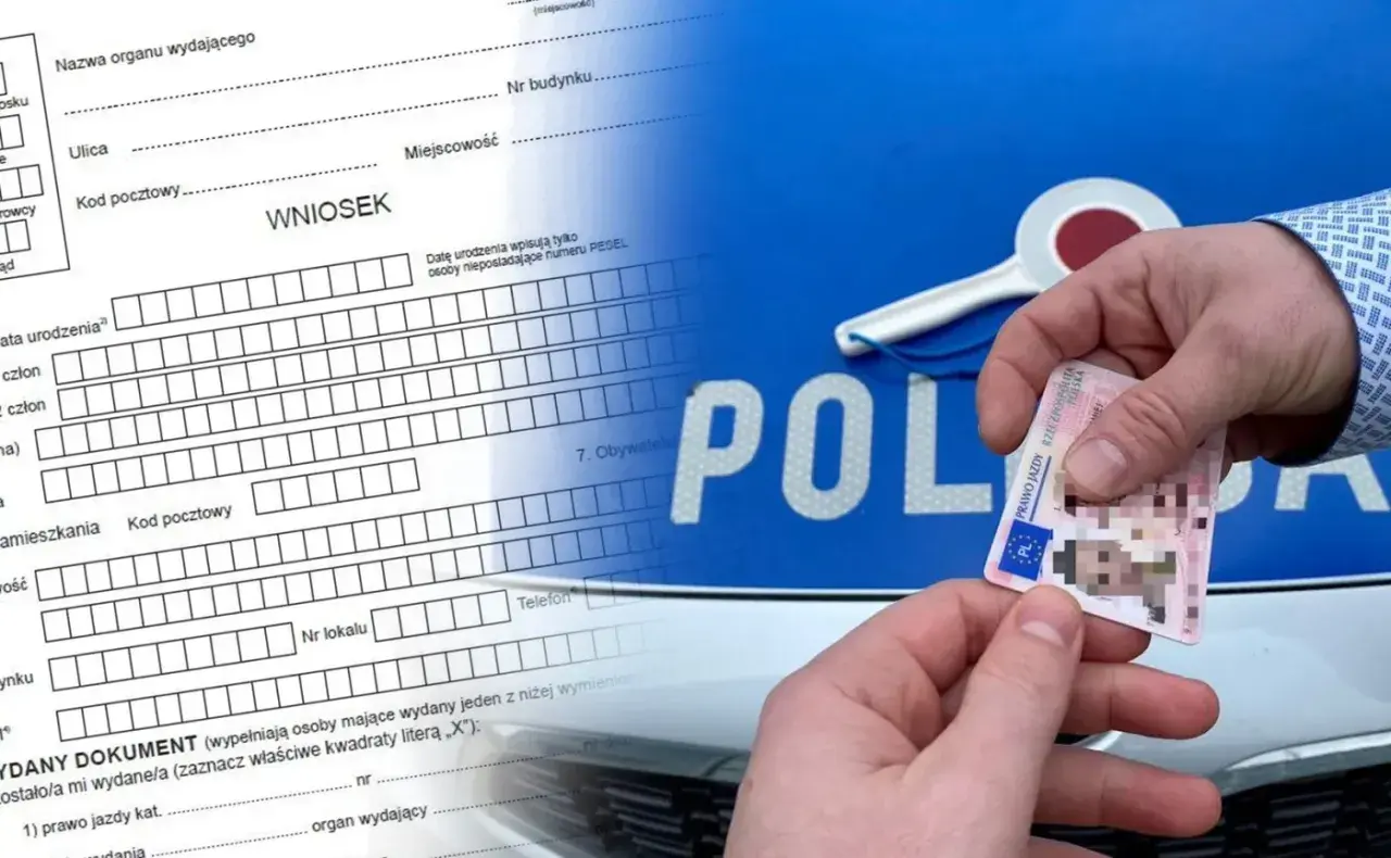 Wniosek o wydanie dokumentu, na którym widnieje prawo jazdy kat. A. W tle radiowóz policyjny i lizak.