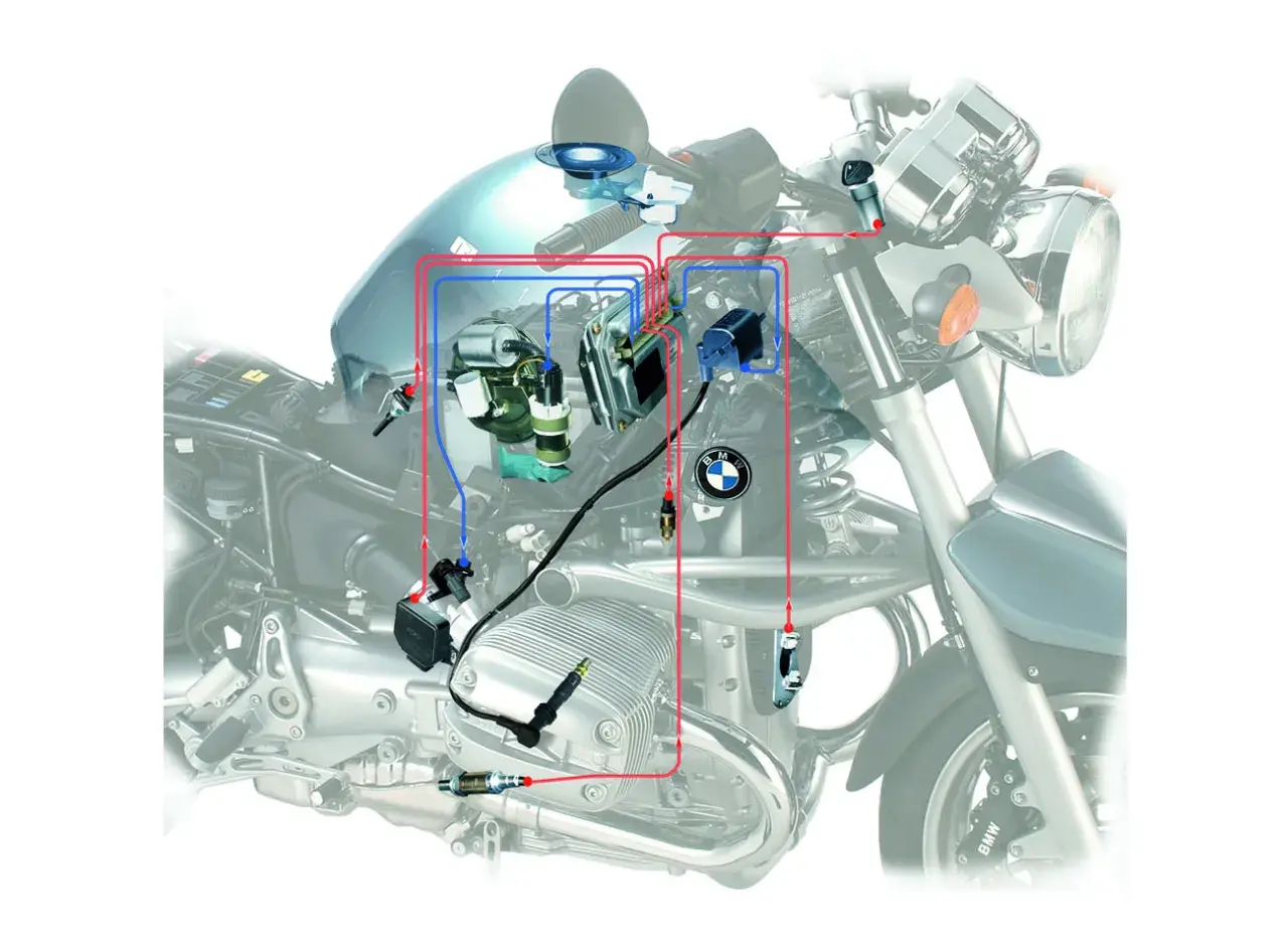 Schemat układu paliwowego motocykla BMW z zaznaczonymi elementami i przewodami.