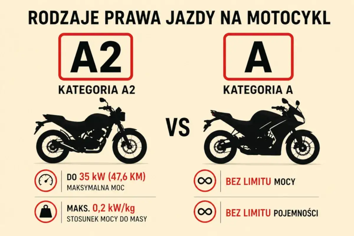 Jakie prawo jazdy na motor? Kategoria A2 dla motocykli do 35 kW, kategoria A bez limitu mocy i pojemności.